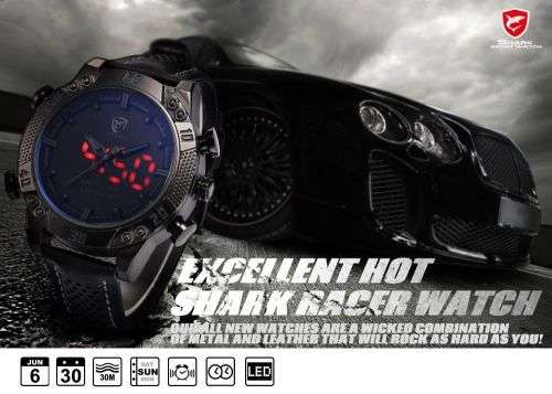 Genuine Kitefin SHARK LED Digital Black Leather Military Sport Watch Ref06