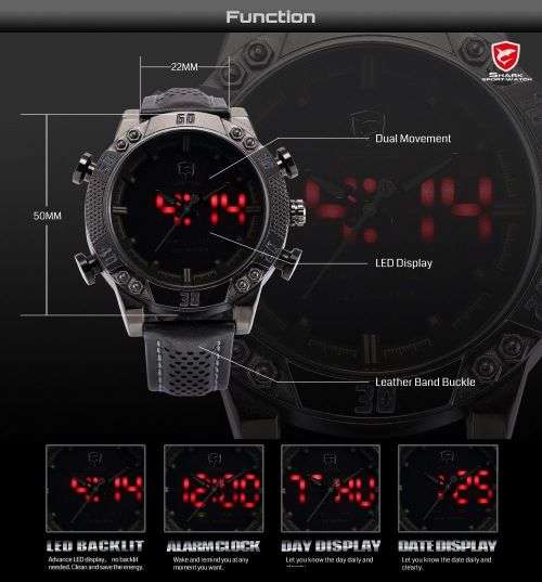 Genuine Kitefin SHARK LED Digital Black Leather Military Sport Watch Ref06