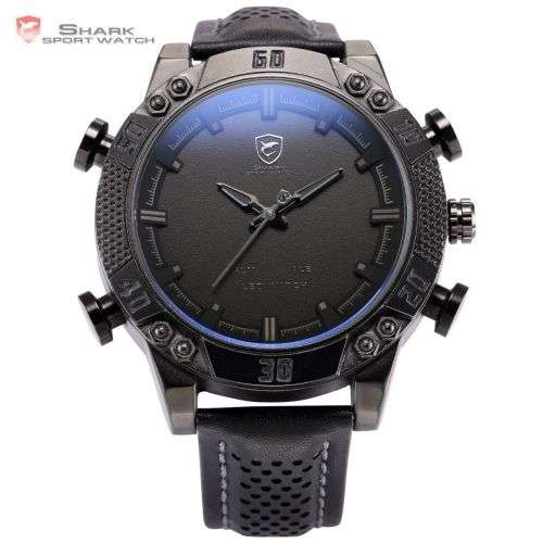 Genuine Kitefin SHARK LED Digital Black Leather Military Sport Watch Ref06