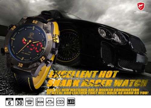 Genuine SHARK LED Digital Yellow Digital Analog Black Leather Band  Ref08
