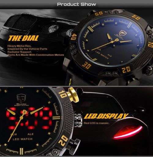 Genuine SHARK LED Digital Yellow Digital Analog Black Leather Band  Ref08