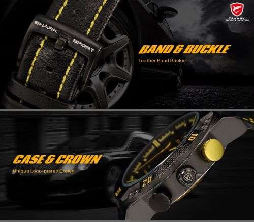 Genuine SHARK LED Digital Yellow Digital Analog Black Leather Band  Ref08