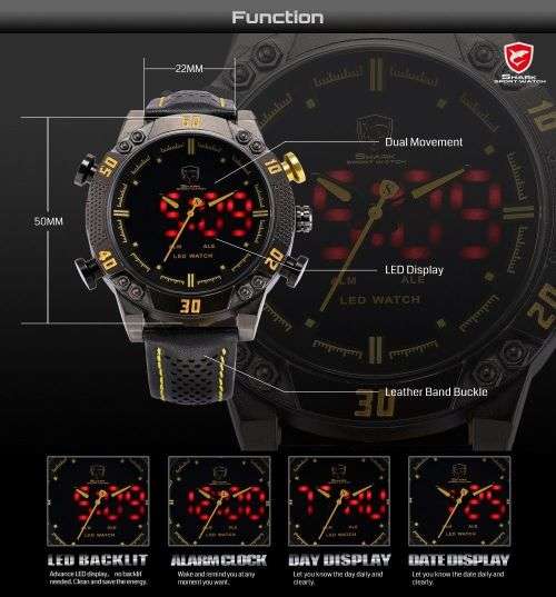 Genuine SHARK LED Digital Yellow Digital Analog Black Leather Band  Ref08