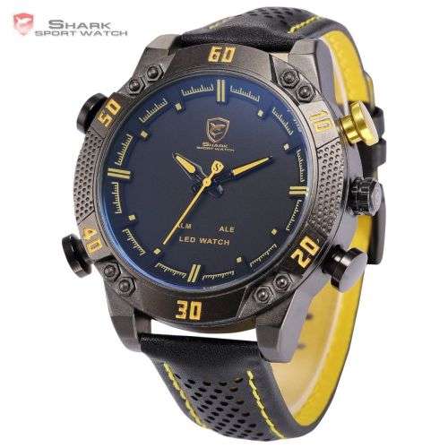 Genuine SHARK LED Digital Yellow Digital Analog Black Leather Band  Ref08