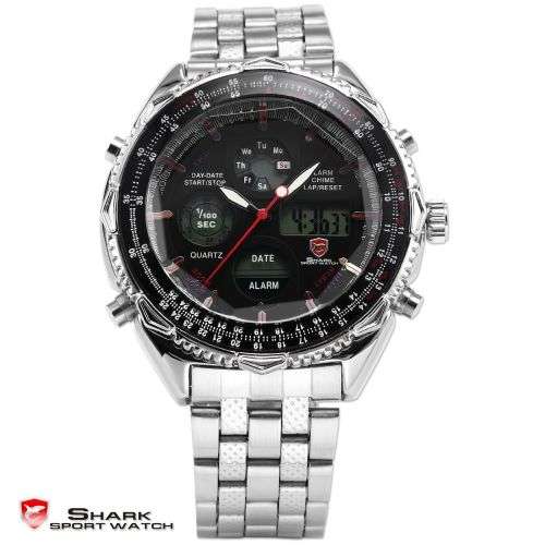 Genuine SHARK Men's LCD Black White Stopwatch Stainless Steel Watch  Ref10