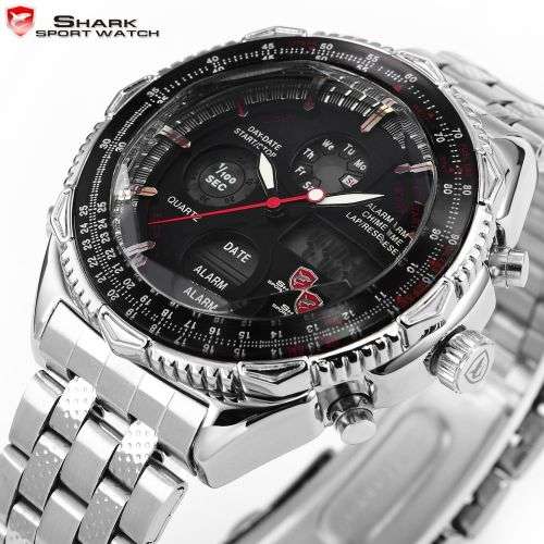 Genuine SHARK Men's LCD Black White Stopwatch Stainless Steel Watch  Ref10