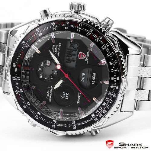 Genuine SHARK Men's LCD Black White Stopwatch Stainless Steel Watch  Ref10