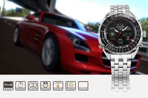 Genuine SHARK Men's LCD Black White Stopwatch Stainless Steel Watch  Ref10