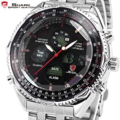 Genuine SHARK Men's LCD Black White Stopwatch Stainless Steel Watch  Ref10