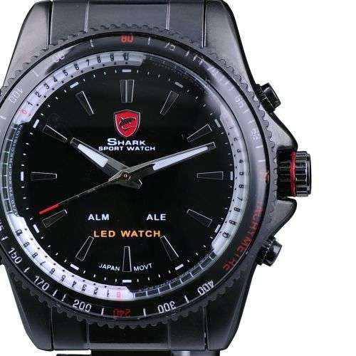 Genuine SHARK Black Dial LED Alarm Digital Display Stainless Steel Watch Ref15