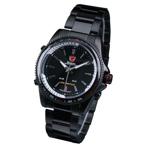 Genuine SHARK Black Dial LED Alarm Digital Display Stainless Steel Watch Ref15