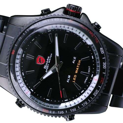 Genuine SHARK Black Dial LED Alarm Digital Display Stainless Steel Watch Ref15