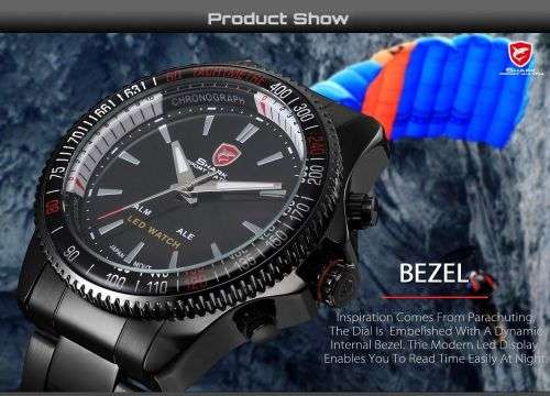 Genuine SHARK Black Dial LED Alarm Digital Display Stainless Steel Watch Ref15