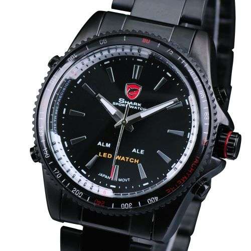 Genuine SHARK Black Dial LED Alarm Digital Display Stainless Steel Watch Ref15