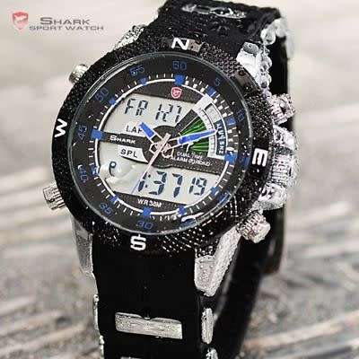 GENUINE SHARK Mens LCD Digital Blue Rubber Military Sport Watch Ref19