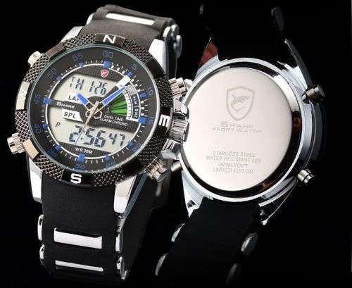 GENUINE SHARK Mens LCD Digital Blue Rubber Military Sport Watch Ref19