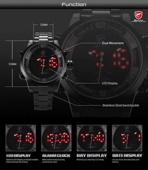 GENUINE SHARK Black Stainless Steel LED Army Wrist Watch  Ref20