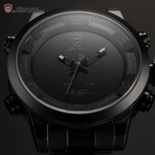 GENUINE SHARK Black Stainless Steel LED Army Wrist Watch  Ref20