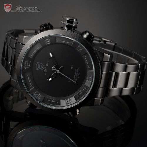 GENUINE SHARK Black Stainless Steel LED Army Wrist Watch  Ref20
