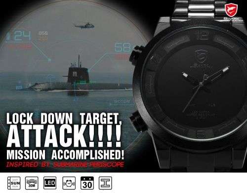 GENUINE SHARK Black Stainless Steel LED Army Wrist Watch  Ref20