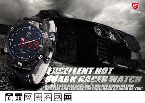 Genuine SHARK LED Digital White Digital Analog Black Leather Band  Ref24