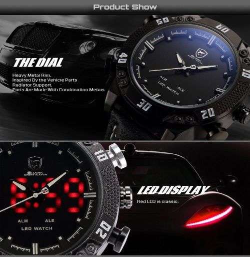 Genuine SHARK LED Digital White Digital Analog Black Leather Band  Ref24
