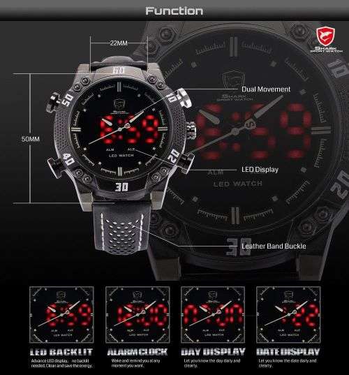 Genuine SHARK LED Digital White Digital Analog Black Leather Band  Ref24