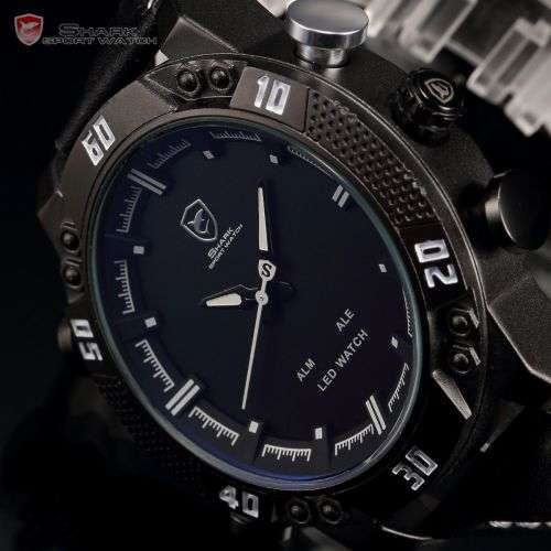 Genuine SHARK LED Digital White Digital Analog Black Leather Band  Ref24