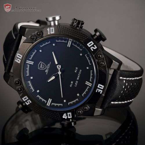 Genuine SHARK LED Digital White Digital Analog Black Leather Band  Ref24