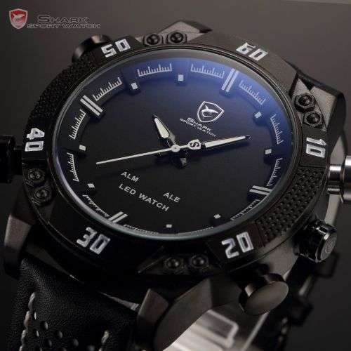 Genuine SHARK LED Digital White Digital Analog Black Leather Band  Ref24