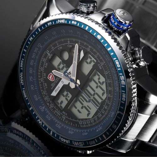 SHARK Fashion Mens Quartz Sport Wrist Watch White LCD Stopwatch Stainless Steel Ref33