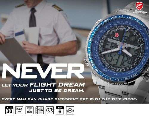 SHARK Fashion Mens Quartz Sport Wrist Watch White LCD Stopwatch Stainless Steel Ref33