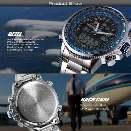 SHARK Fashion Mens Quartz Sport Wrist Watch White LCD Stopwatch Stainless Steel Ref33