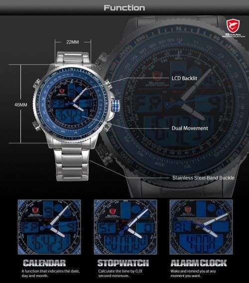 SHARK Fashion Mens Quartz Sport Wrist Watch White LCD Stopwatch Stainless Steel Ref33