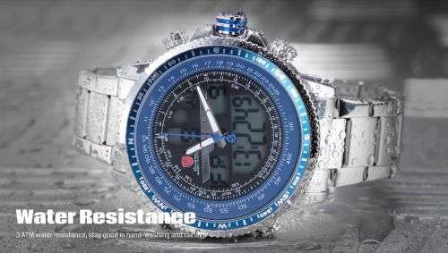 SHARK Fashion Mens Quartz Sport Wrist Watch White LCD Stopwatch Stainless Steel Ref33