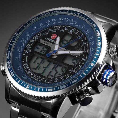SHARK Fashion Mens Quartz Sport Wrist Watch White LCD Stopwatch Stainless Steel Ref33