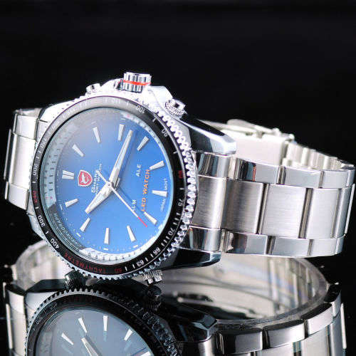 Genuine SHARK Black Dial LED Alarm Digital Display Stainless Steel Watch Ref35