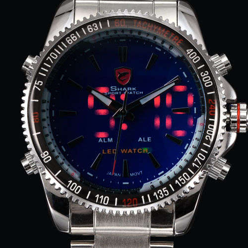 Genuine SHARK Black Dial LED Alarm Digital Display Stainless Steel Watch Ref35