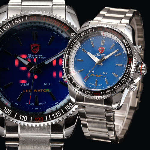 Genuine SHARK Black Dial LED Alarm Digital Display Stainless Steel Watch Ref35