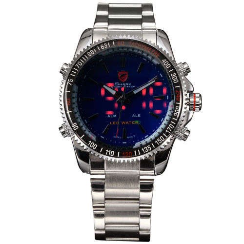 Genuine SHARK Black Dial LED Alarm Digital Display Stainless Steel Watch Ref35