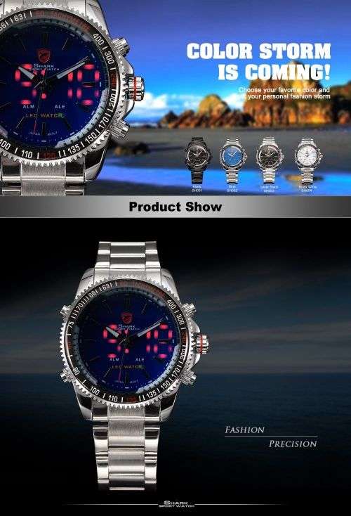 Genuine SHARK Black Dial LED Alarm Digital Display Stainless Steel Watch Ref35