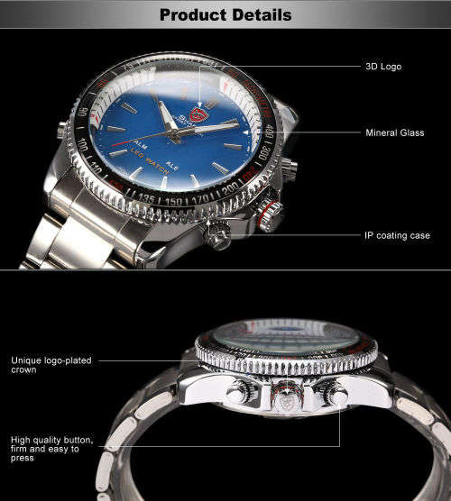 Genuine SHARK Black Dial LED Alarm Digital Display Stainless Steel Watch Ref35