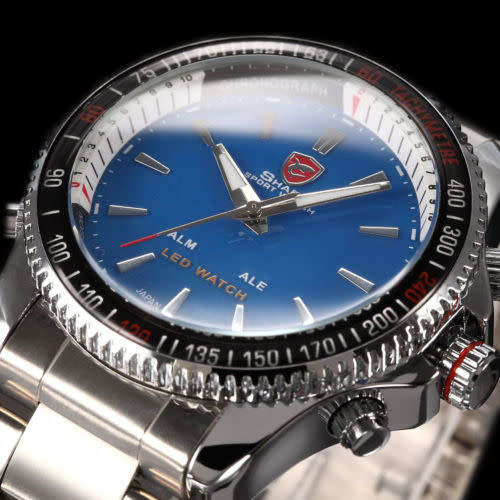 Genuine SHARK Black Dial LED Alarm Digital Display Stainless Steel Watch Ref35