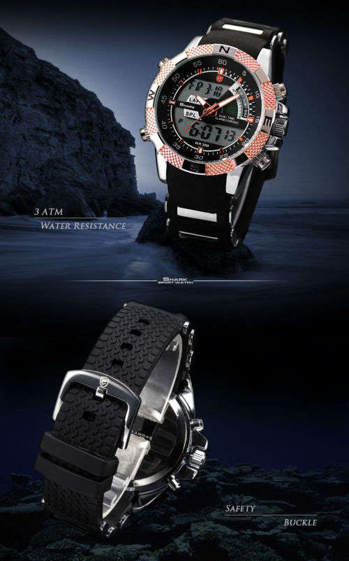 GENUINE SHARK Mens LCD Digital Date Day Black Rubber Military Alarm Quartz Sport Watch Ref39