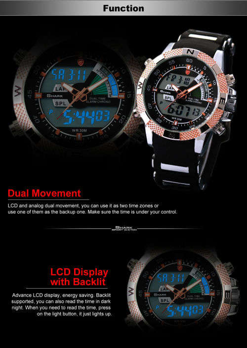 GENUINE SHARK Mens LCD Digital Date Day Black Rubber Military Alarm Quartz Sport Watch Ref39
