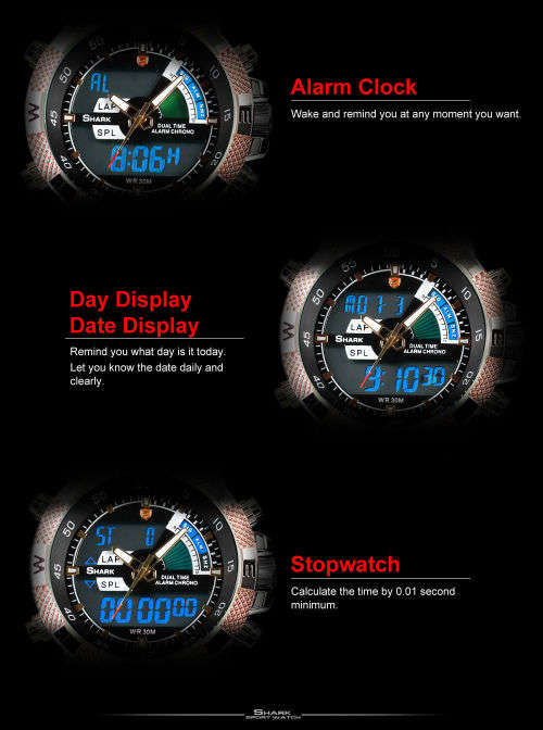 GENUINE SHARK Mens LCD Digital Date Day Black Rubber Military Alarm Quartz Sport Watch Ref39
