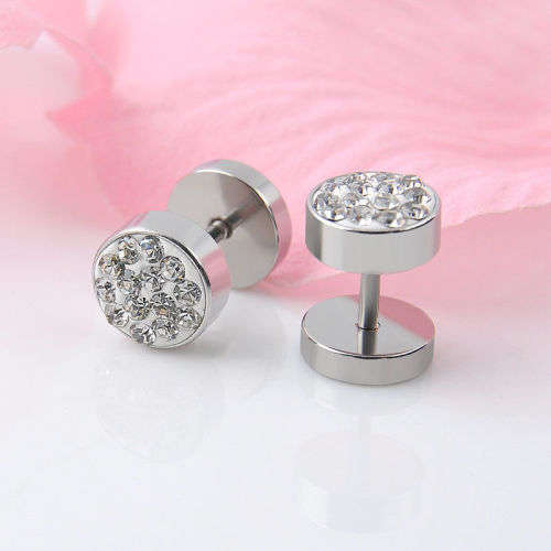 2Pcs Men's Silver Barbell Punk Stainless Steel Crystal
