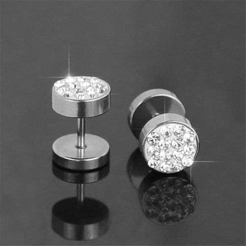 2Pcs Men's Silver Barbell Punk Stainless Steel Crystal