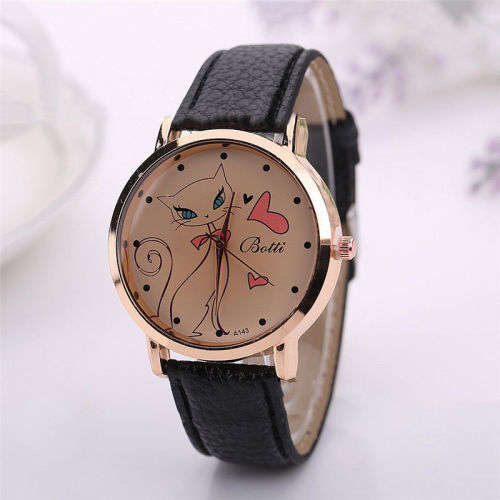 Ladies Faux Leather Fashion Women Cute Cat Watch