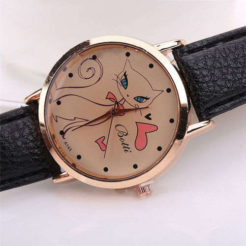 Ladies Faux Leather Fashion Women Cute Cat Watch